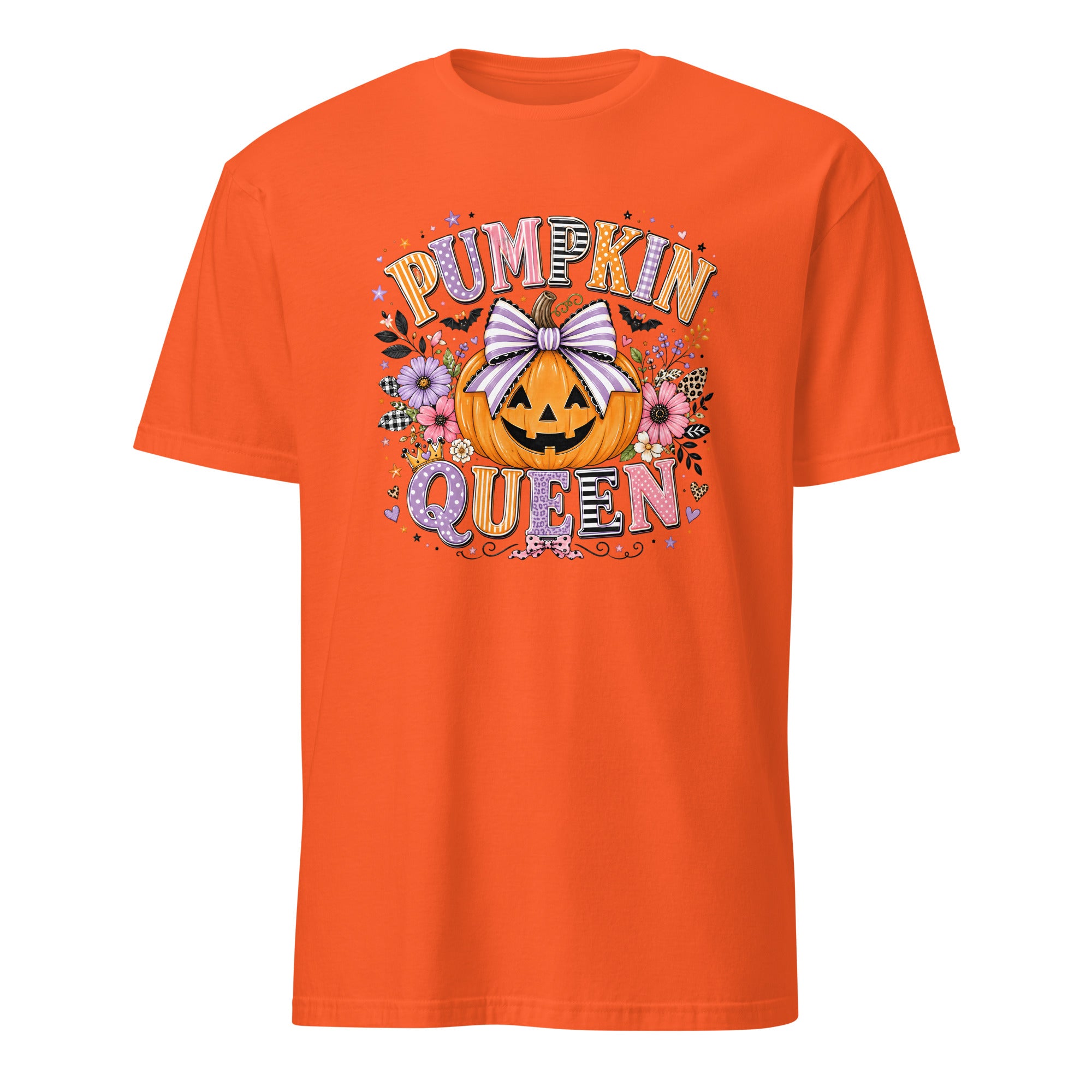 A bright orange short-sleeve crewneck t-shirt featuring a colorful graphic on the front with the text 'PUMPKIN QUEEN' surrounding a jack-o'-lantern pumpkin with a white bow and autumn flowers.