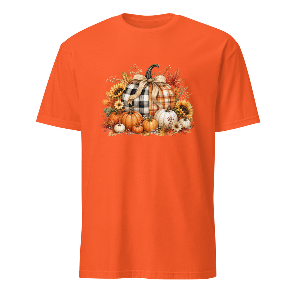 An orange short-sleeve crewneck t-shirt featuring a central autumn graphic of pumpkins, sunflowers, and a plaid-patterned pumpkin on a white background.