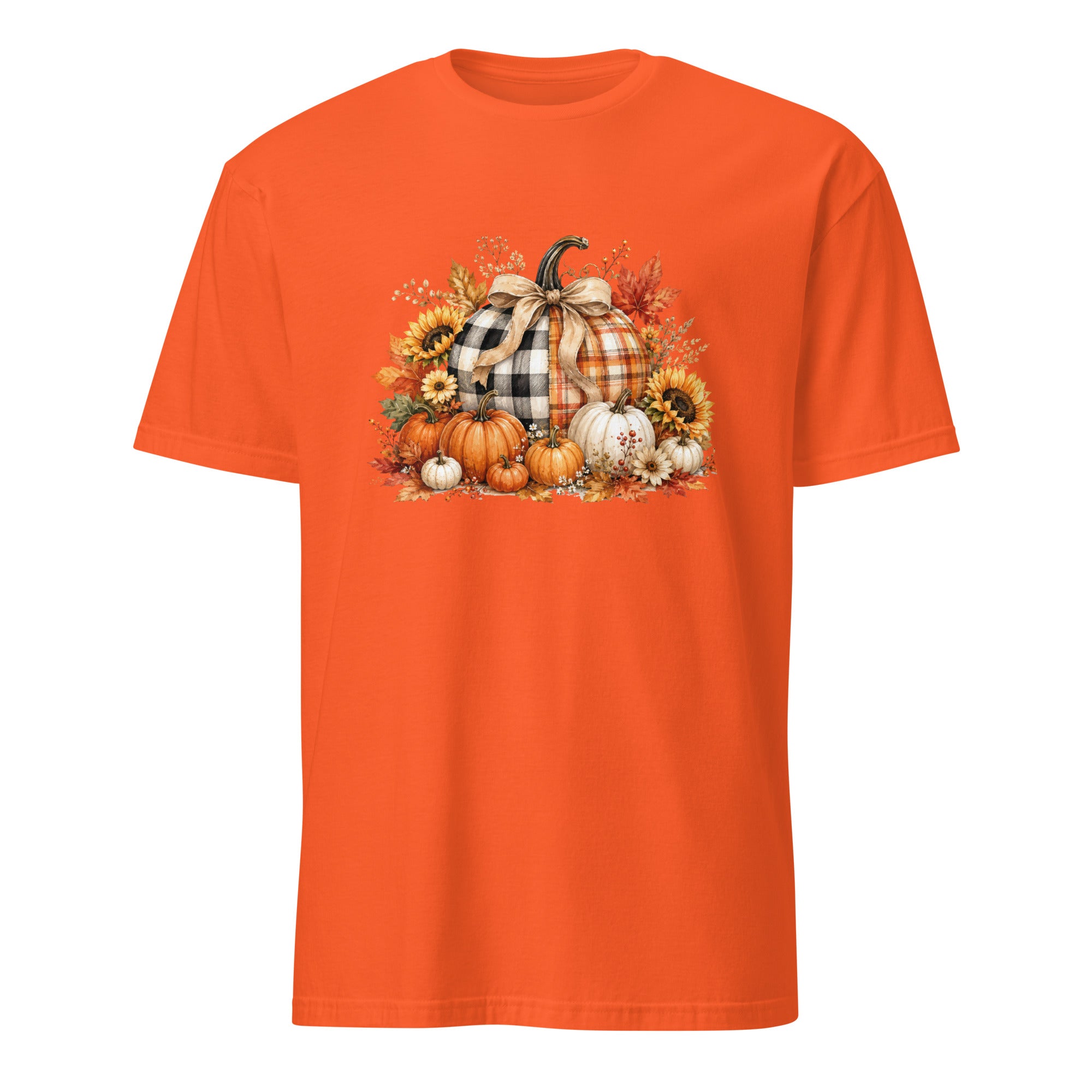 An orange short-sleeve crewneck t-shirt featuring a central autumn graphic of pumpkins, sunflowers, and a plaid-patterned pumpkin on a white background.