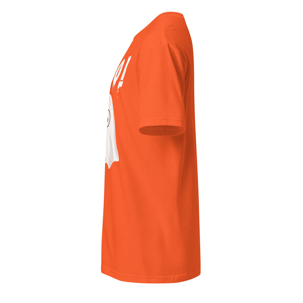 Left view of a orange t-shirt against a white background