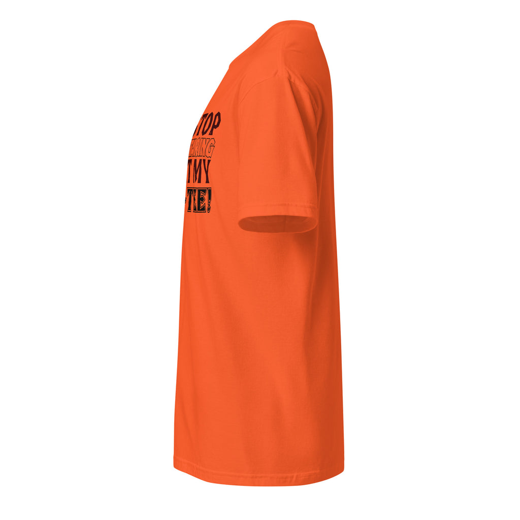 Left view of an orange t-shirt on a white background