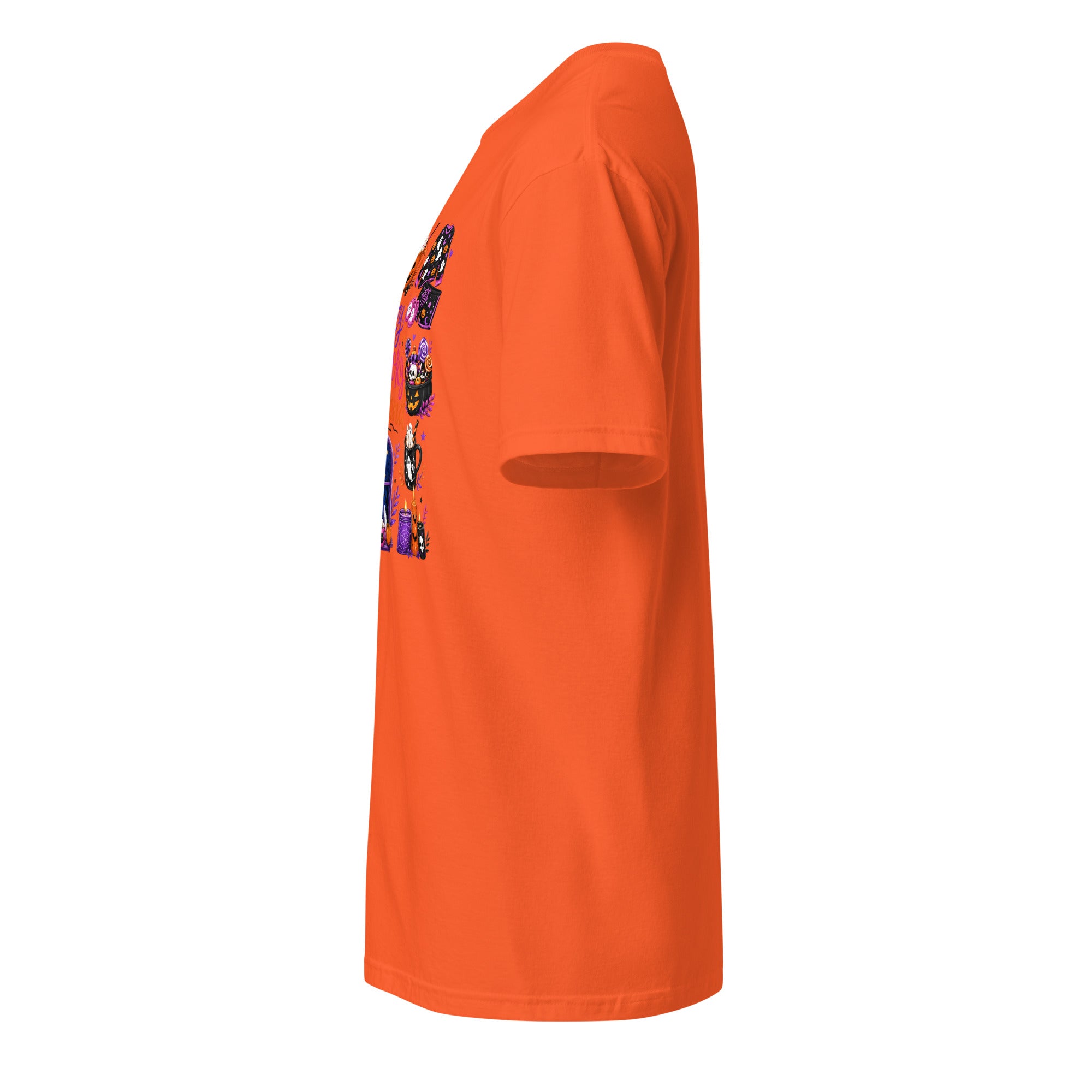 Left view of a orange t-shirt against a white background