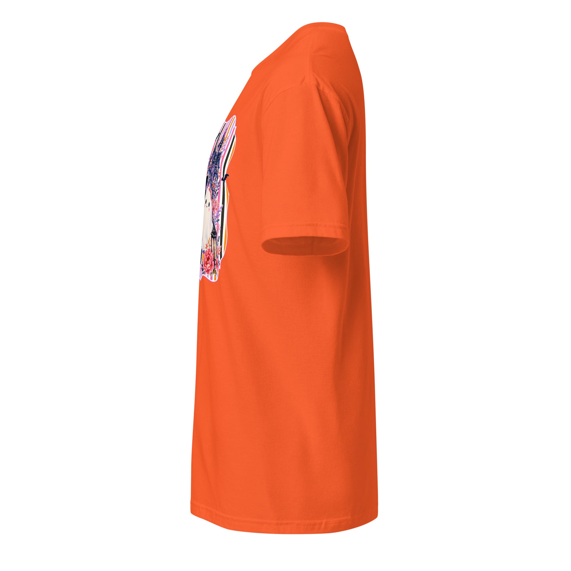 Left view of a orange t-shirt against a white background
