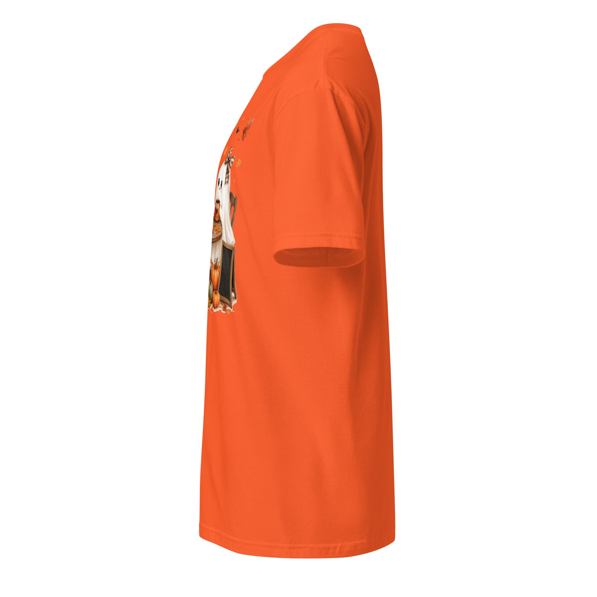 Left view of a orange t-shirt against a white background