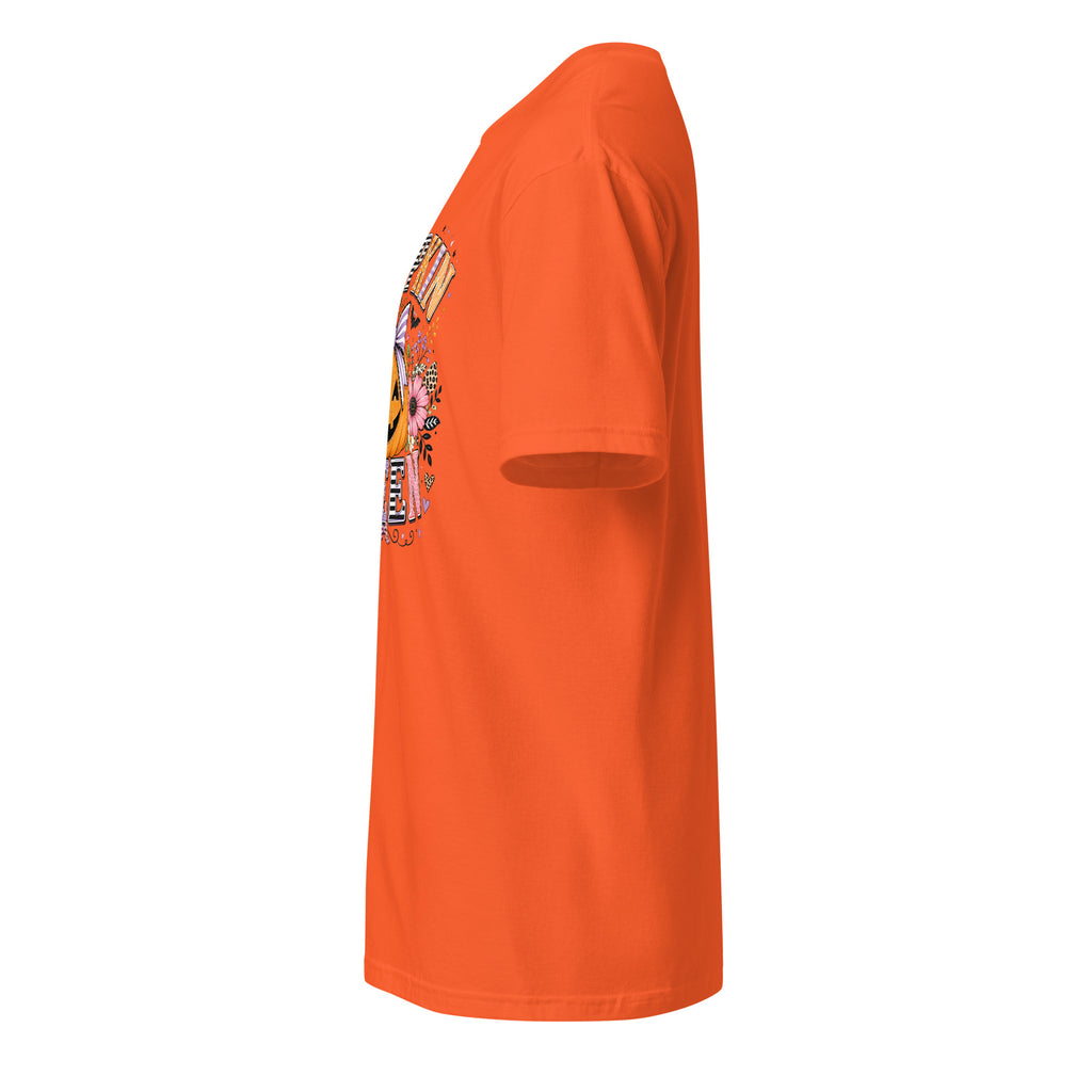 Left view of a orange t-shirt against a white background