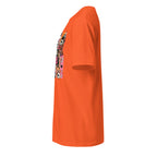 Left view  of a orange t-shirt against a white background