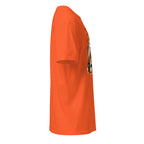 Right view of a orange t-shirt against a white background