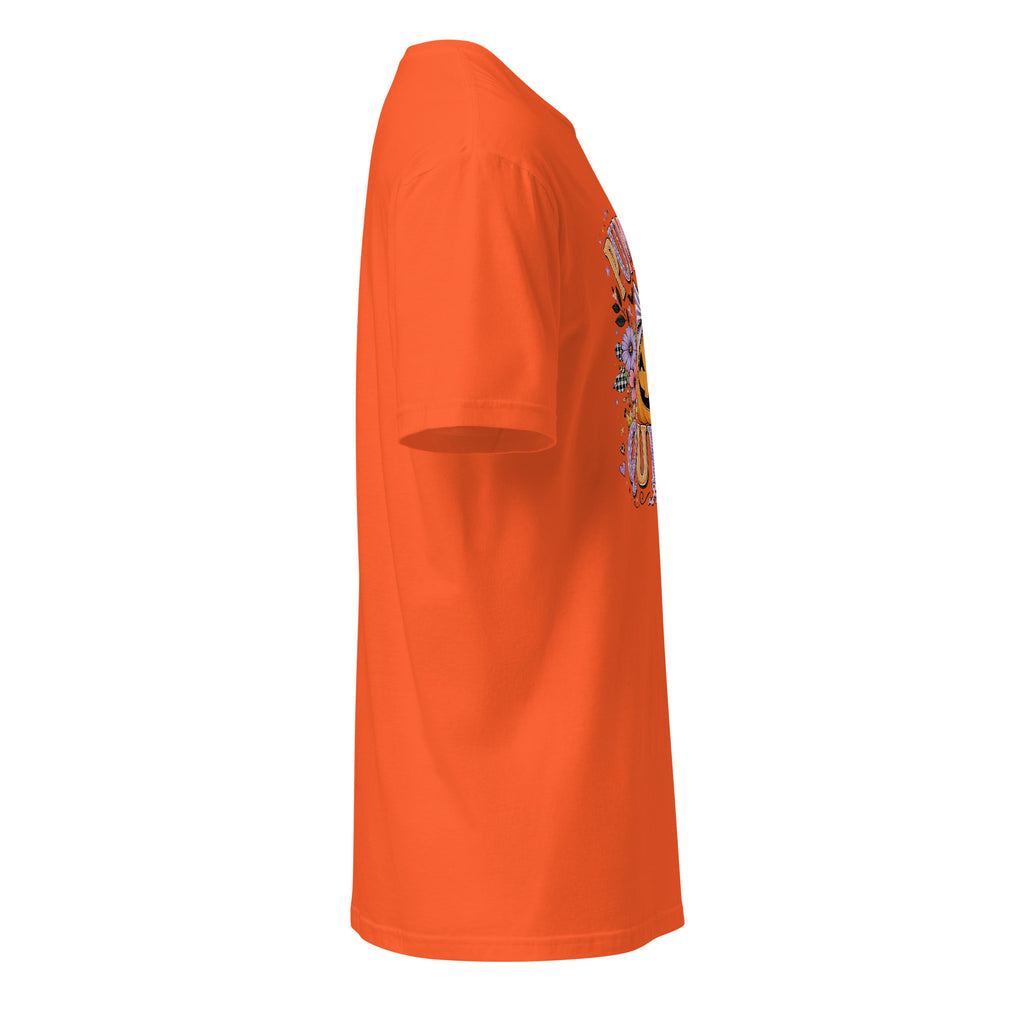 Right view of a orange t-shirt against a white background