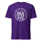 Purple t-shirt with white text and floral design on a white background
