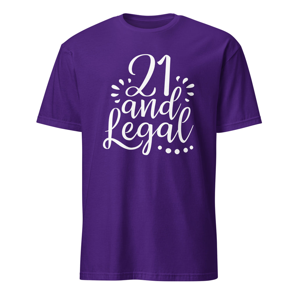 Purple t-shirt with '21 and Legal' text on a white background