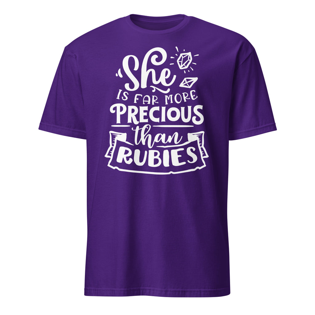 Purple t-shirt with white text 'She is far more precious than rubies' on a white background