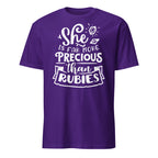 Purple t-shirt with white text 'She is far more precious than rubies' on a white background