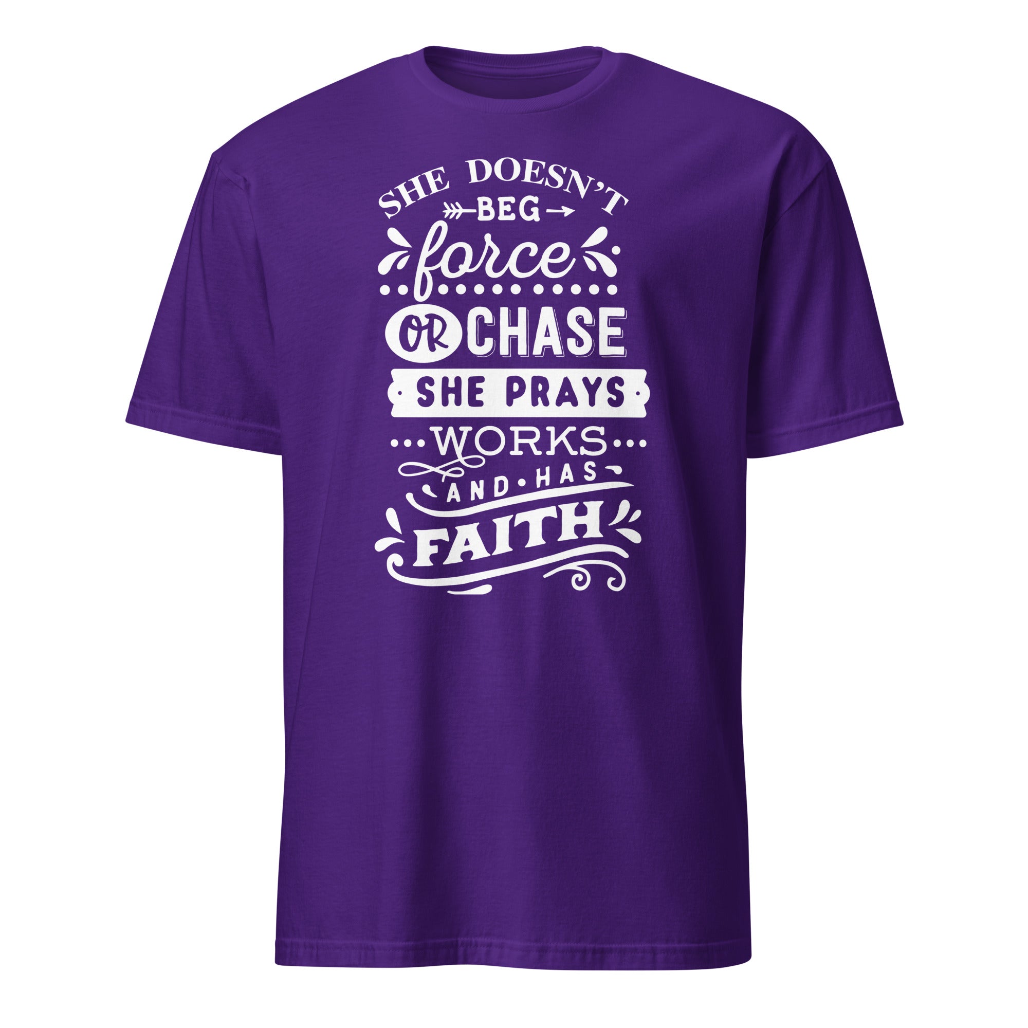Purple t-shirt with white motivational text design on a white background