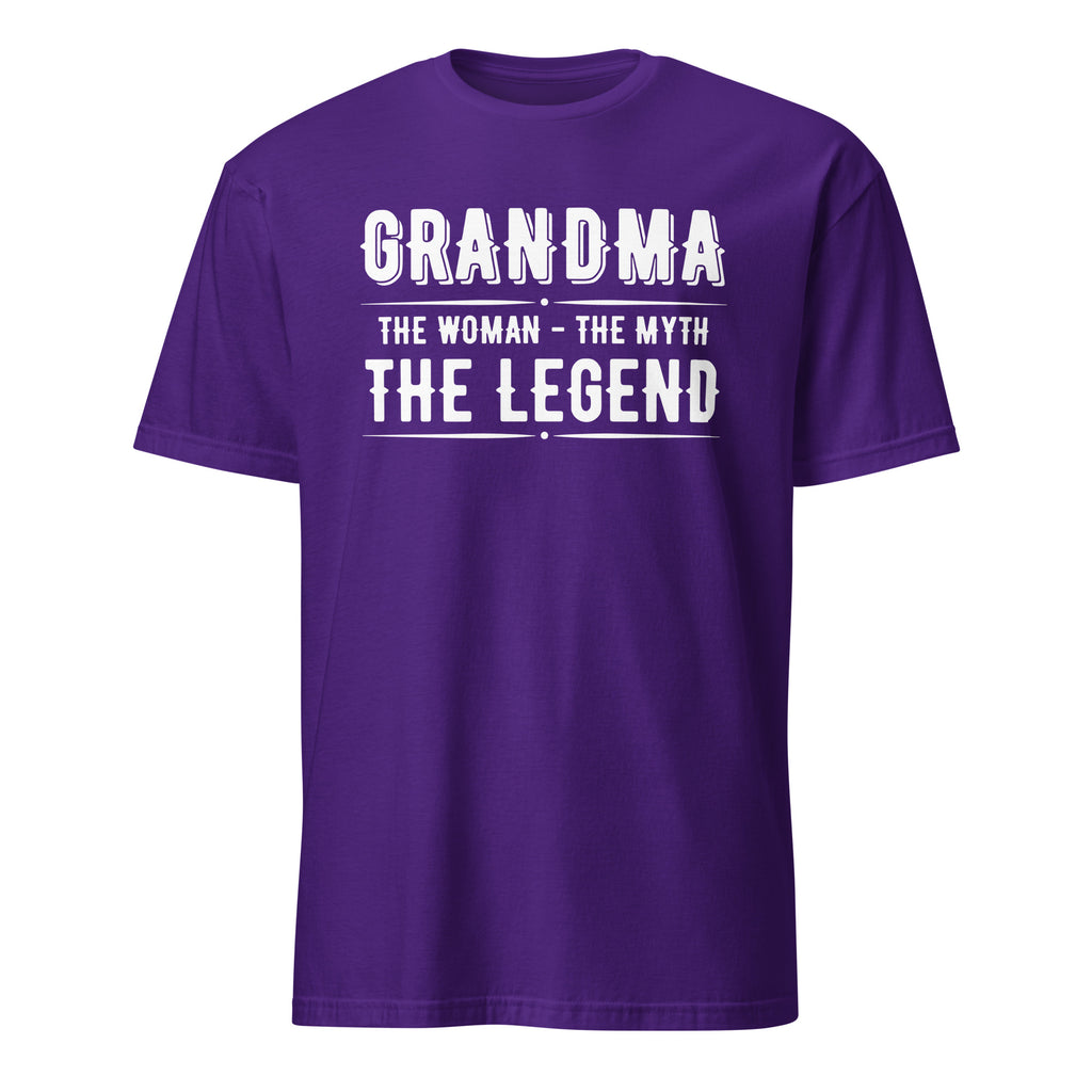 Purple t-shirt with white text 'GRANDMA THE WOMAN THE MYTH THE LEGEND' on a white background