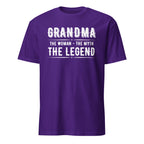 Purple t-shirt with white text 'GRANDMA THE WOMAN THE MYTH THE LEGEND' on a white background