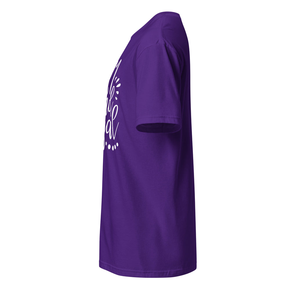 Left view of purple t-shirt on a white background