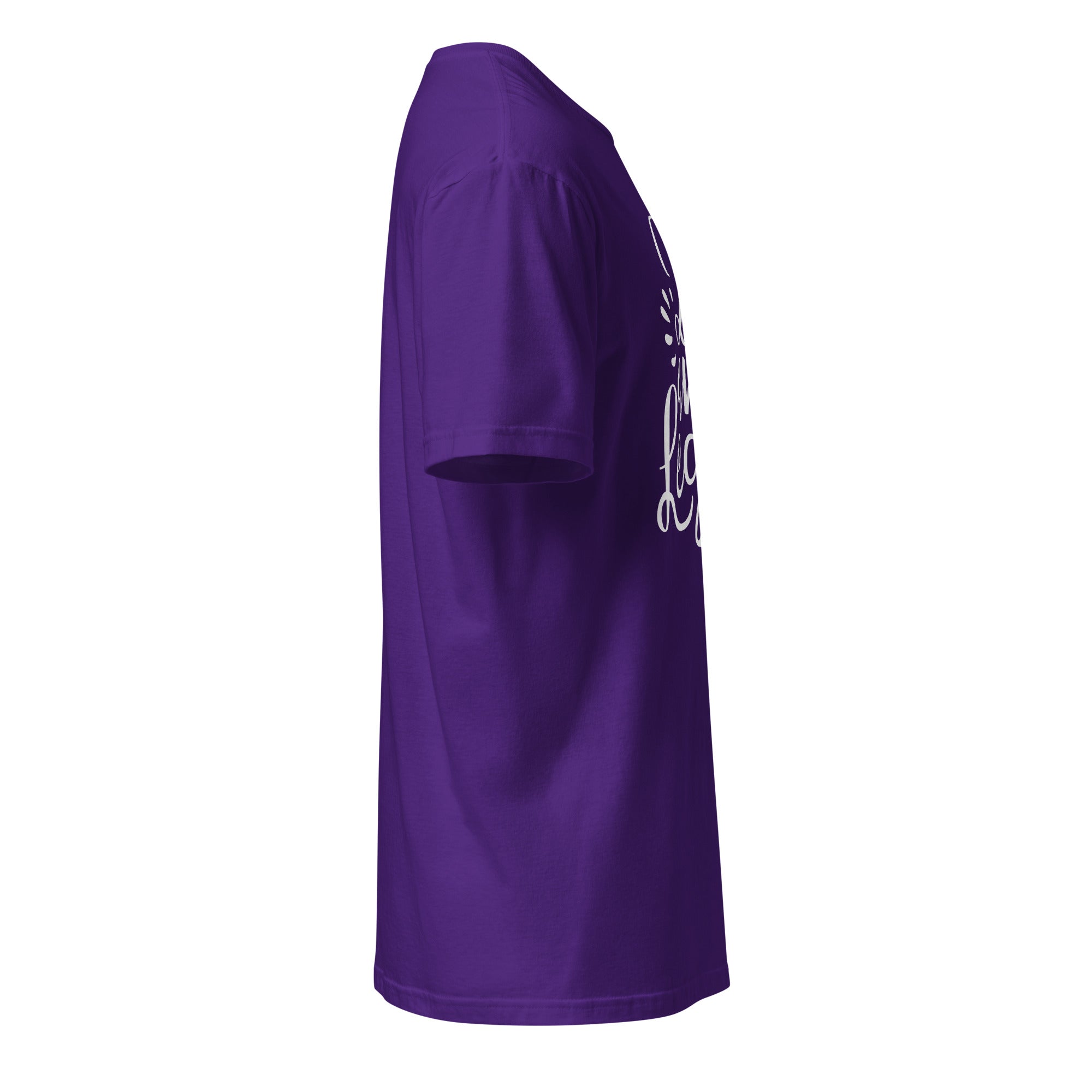 right Back view of purple t-shirt on a white background