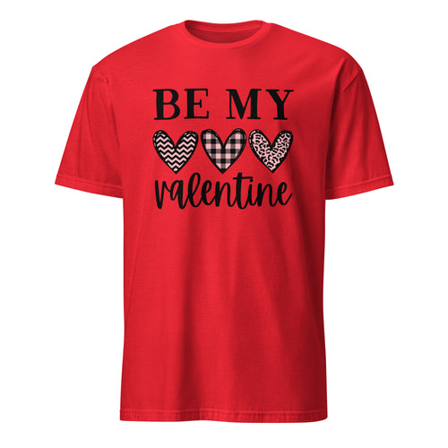 Red t-shirt with 'Be My Valentine' text and heart designs on a white background