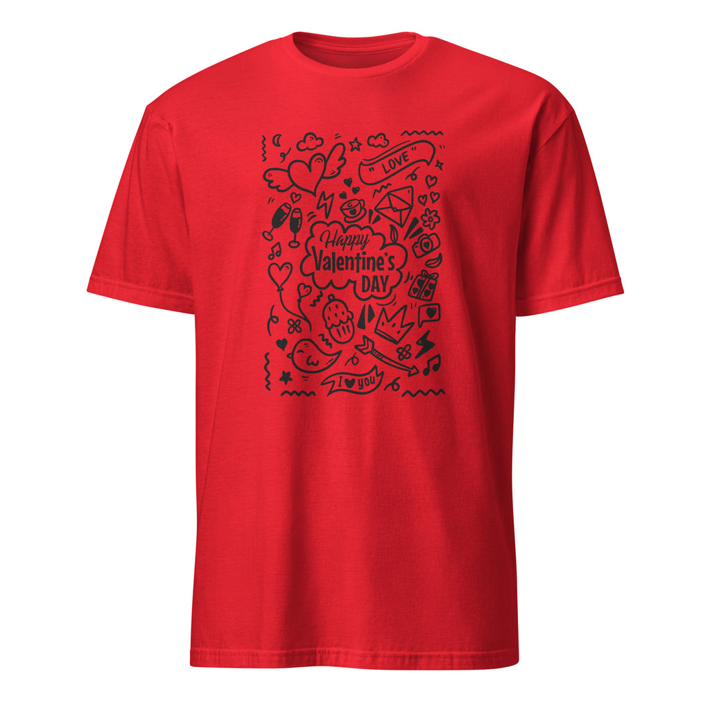Red t-shirt with black graphic design on a white background