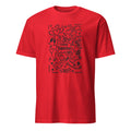 Red t-shirt with black graphic design on a white background