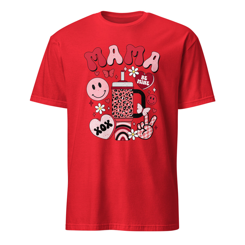 Red t-shirt with graphic design and text on a white background