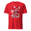 Red t-shirt with graphic design and text on a white background