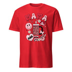 Red t-shirt with graphic design and text on a white background