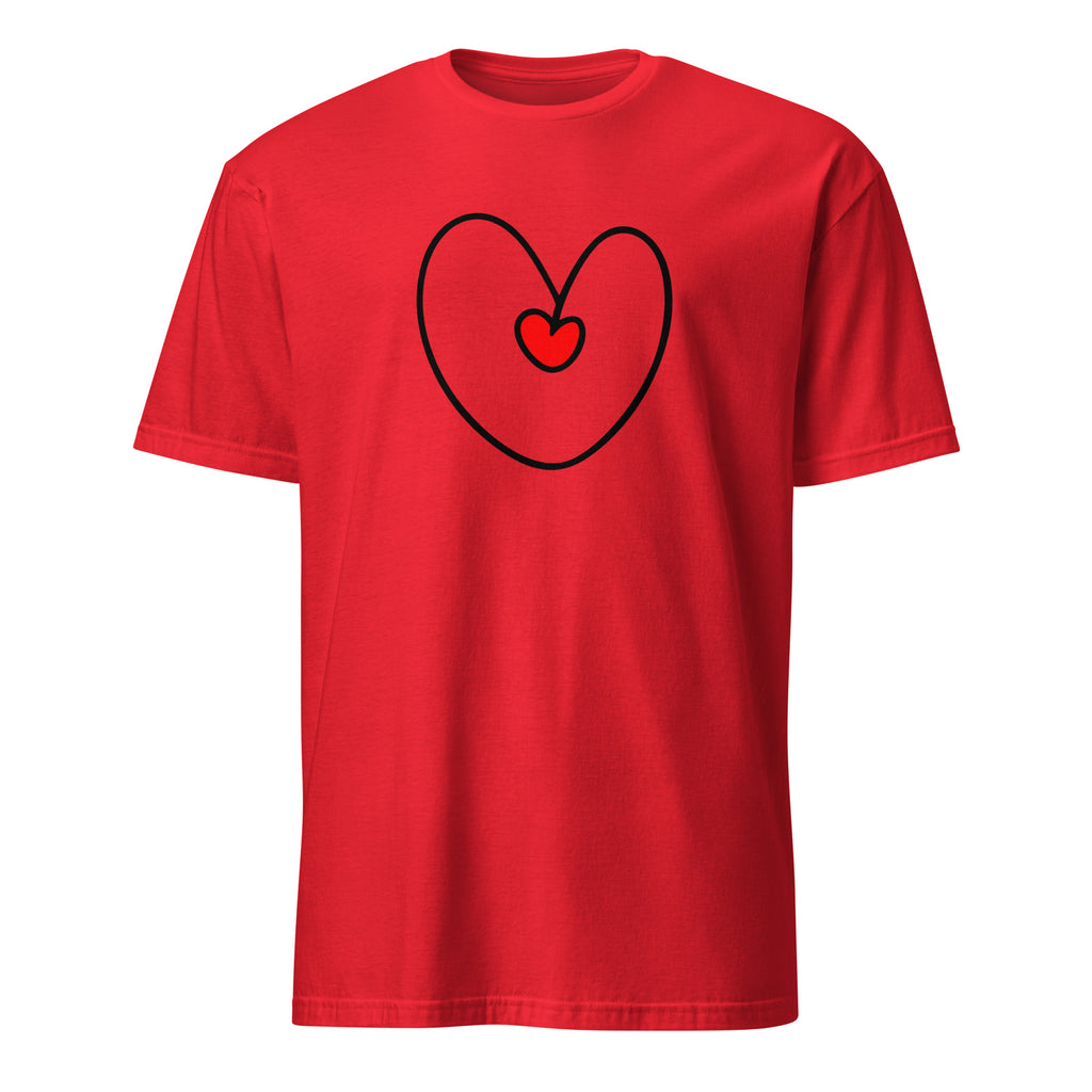 Red t-shirt with a black heart design on a white background
