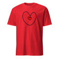 Red t-shirt with a black heart design on a white background