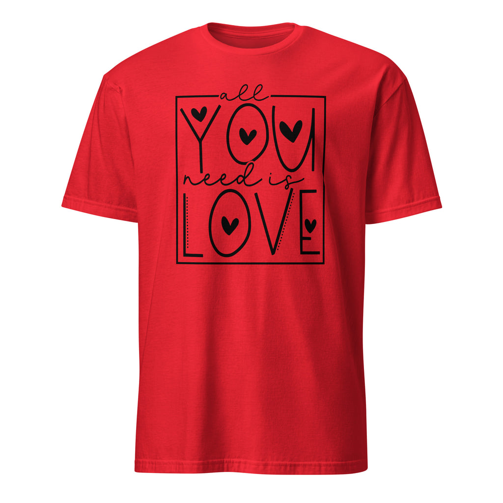 Red t-shirt with black text and heart symbols on a white background