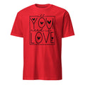 Red t-shirt with black text and heart symbols on a white background