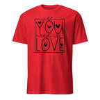 Red t-shirt with black text and heart symbols on a white background