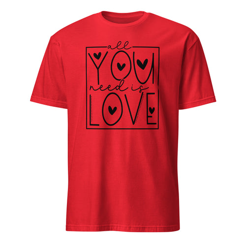 Red t-shirt with black text and heart symbols on a white background
