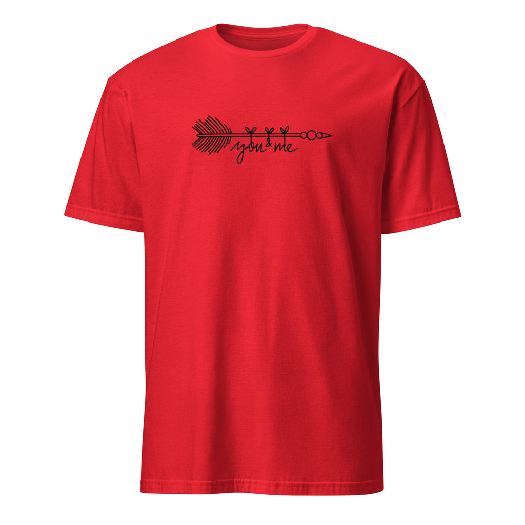 Red t-shirt with black arrow graphic and "You Me" text on a white background