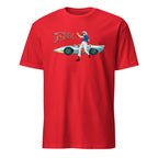 Red t-shirt with a graphic of a character and car, labeled 'Speed Racer', on a white background.