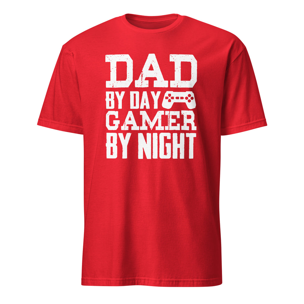 Red t-shirt with white text 'Dad by day, Gamer by night' on a white background