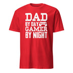 Red t-shirt with white text 'Dad by day, Gamer by night' on a white background