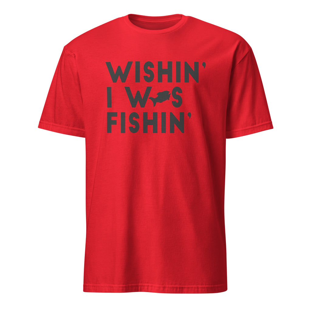 Red t-shirt with black text on a white background