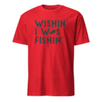Red t-shirt with black text on a white background