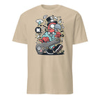 Beige t-shirt with a colorful graphic design on a white background