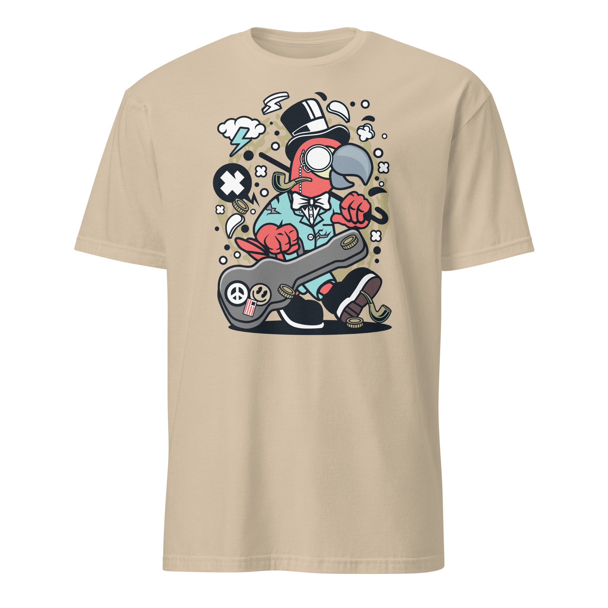 Beige t-shirt with a colorful graphic design on a white background