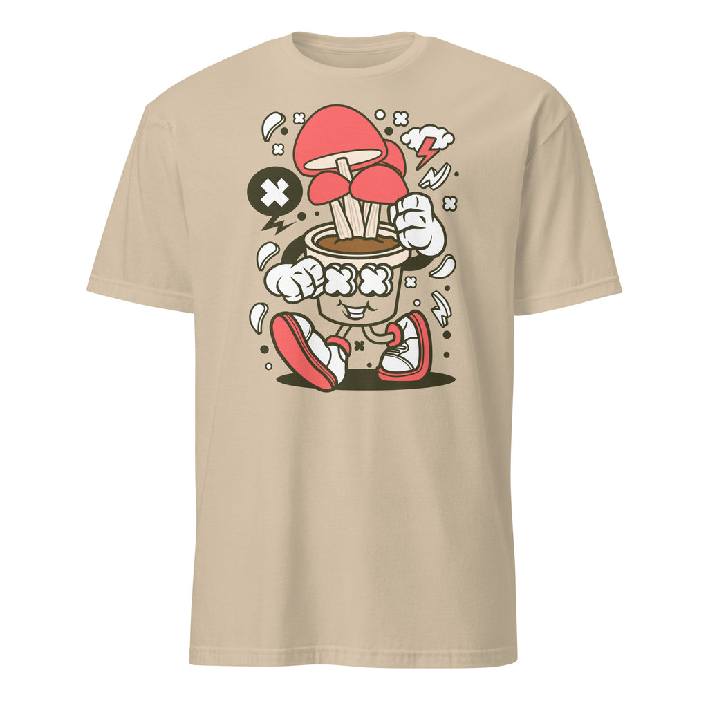 Sand t-shirt with cartoon character holding a cupcake and red mushroom graphic on a white background