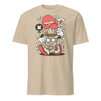 Sand t-shirt with cartoon character holding a cupcake and red mushroom graphic on a white background