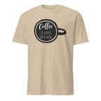 Beige t-shirt with a graphic of a coffee cup and text on a white background