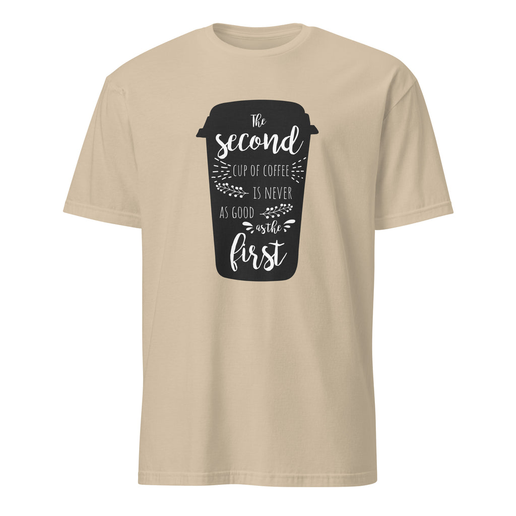 Beige t-shirt with a graphic of a coffee cup and text on a white background