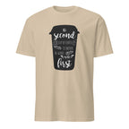 Beige t-shirt with a graphic of a coffee cup and text on a white background