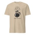 Sand t-shirt with coffee-themed design and "As Long As There Was Coffee In The World How Bad Could Thngs Be?: text on a white 