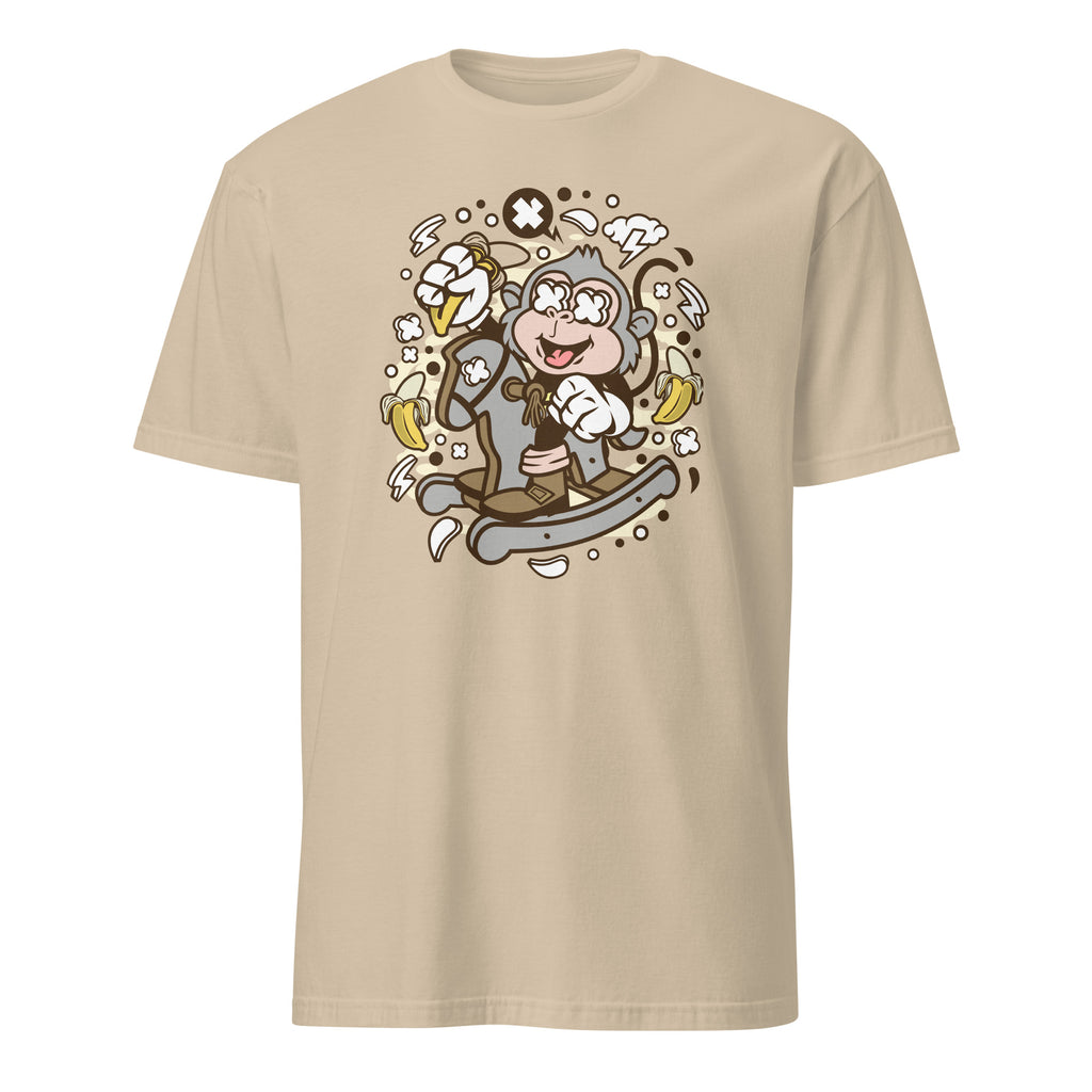 Sand t-shirt with a cartoon monkey design on a white background