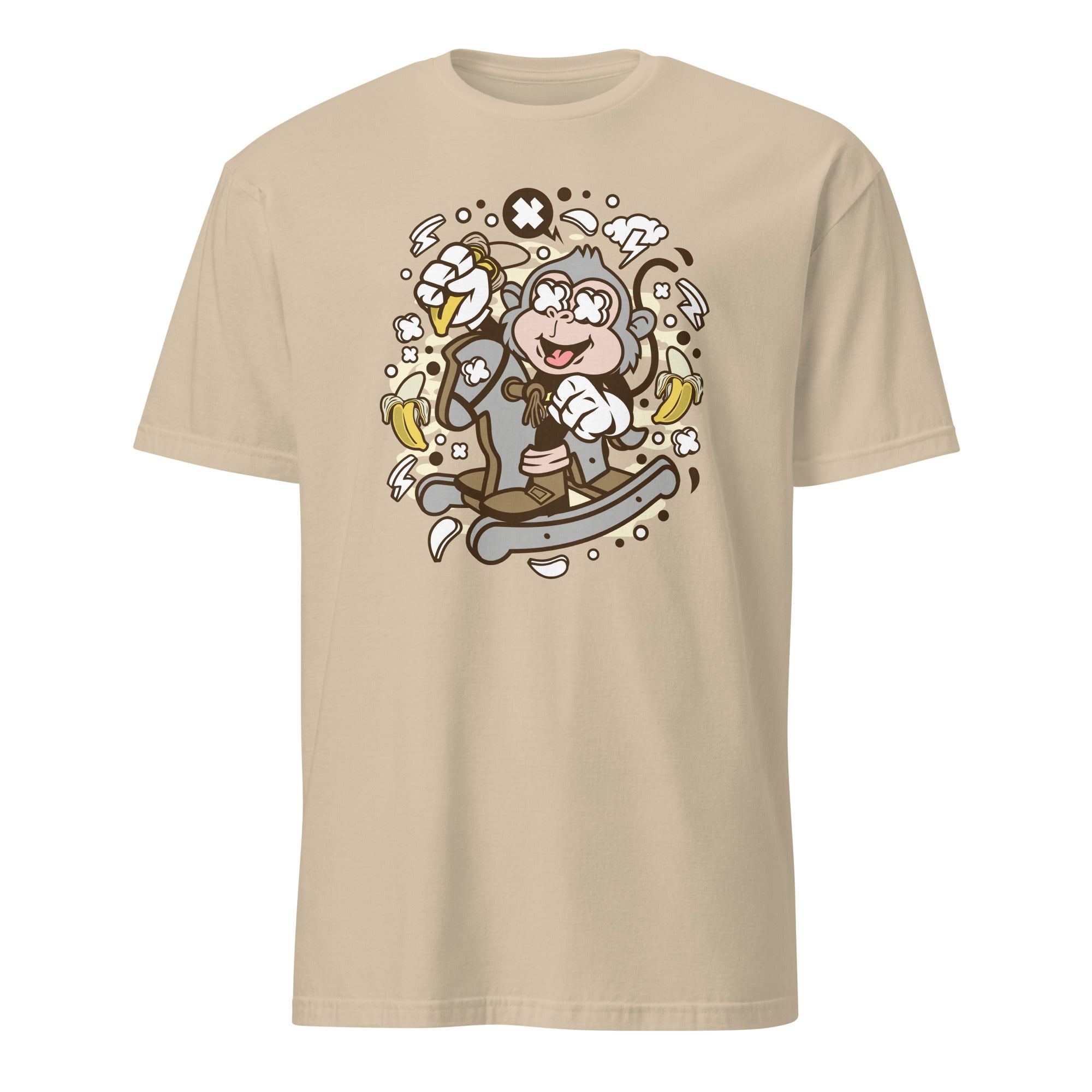 Sand t-shirt with a cartoon monkey design on a white background
