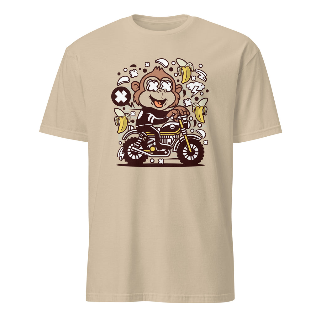 Sand t-shirt with a monkey riding a motorcycle graphic on a white background